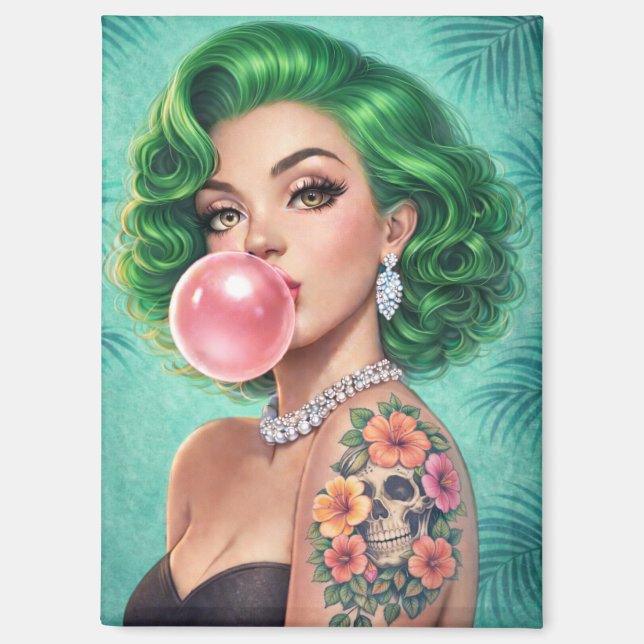 Green-Haired Bubblegum Pin-Up Girl Magnet – Retro  (Front)