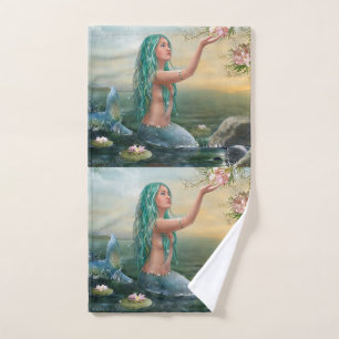 green haired mermaid hand towel