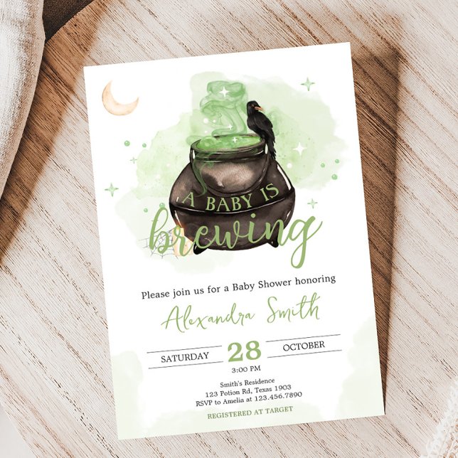 Green Halloween A Baby is Brewing Baby Shower Invitation (Green A Baby is Brewing Halloween Baby Shower Invitation)