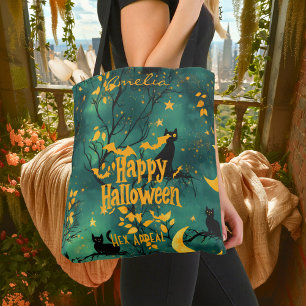 Green Halloween with black cats and crescent moon Tote Bag