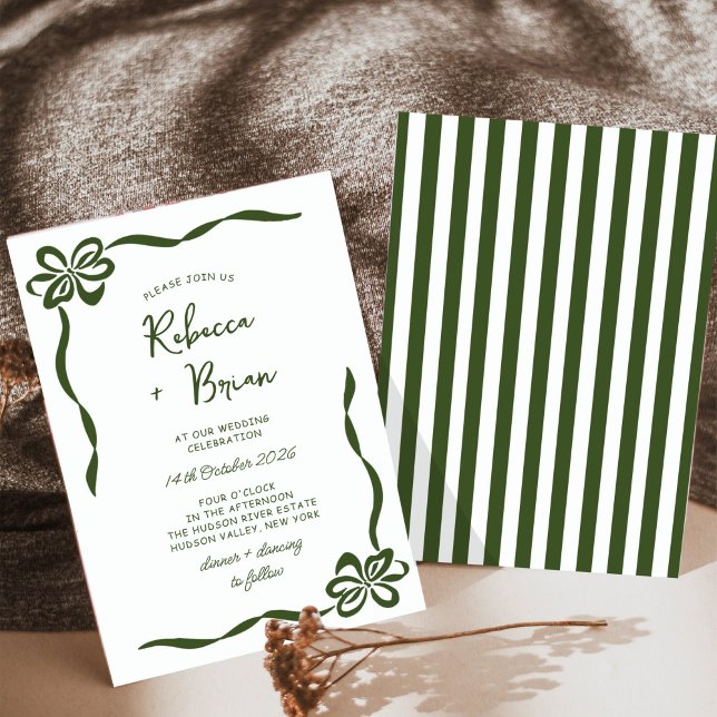 Green Hand Drawn Bow Ribbon Sketch Wedding Invitation (Creator Uploaded)