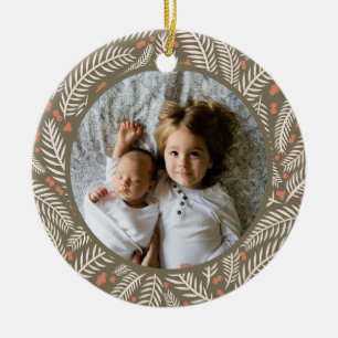 Green Hand-drawn Christmas Pine Tree Leaf Photo Ceramic Ornament