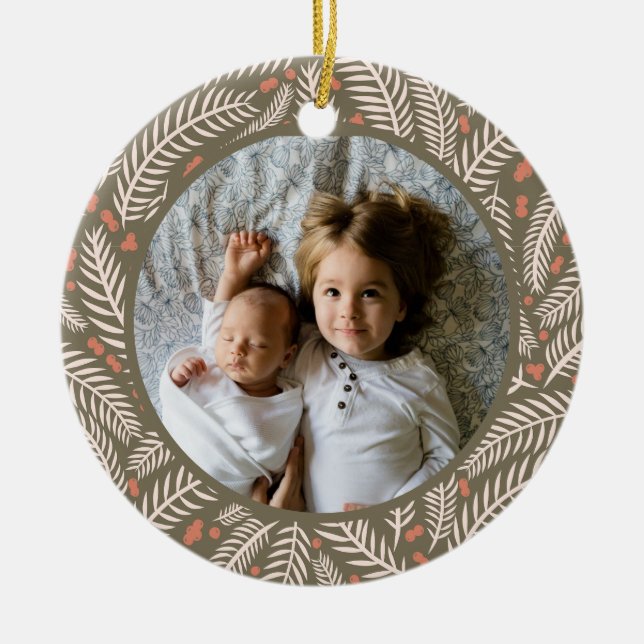 Green Hand-drawn Christmas Pine Tree Leaf Photo Ceramic Ornament (Front)