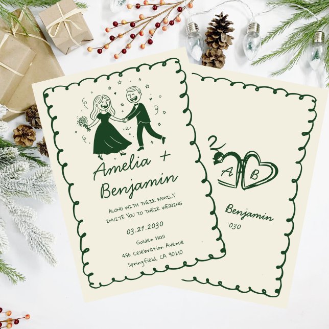 green  hand drawn couple Whimsical Wedding  Invitation (Creator Uploaded)