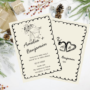 green hand drawn couple Whimsical Wedding  Invitation