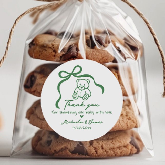 Green Hand Drawn Doodle Bow Whimsical Baby Shower Classic Round Sticker (Creator Uploaded)