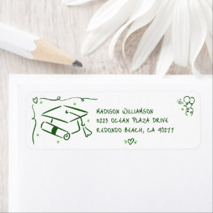 Green Hand Drawn Doodle Graduate Cap White Address Return Address Label