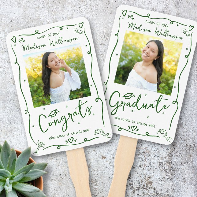 Green Hand Drawn Doodle Graduation 2 Photo White Fan (Creator Uploaded)