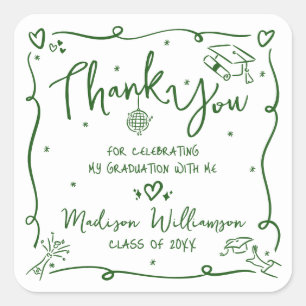 Green Hand Drawn Doodle Graduation Thank You White Square Sticker