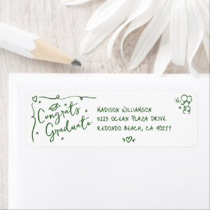 Green Hand Drawn Doodle Graduation White Address Return Address Label