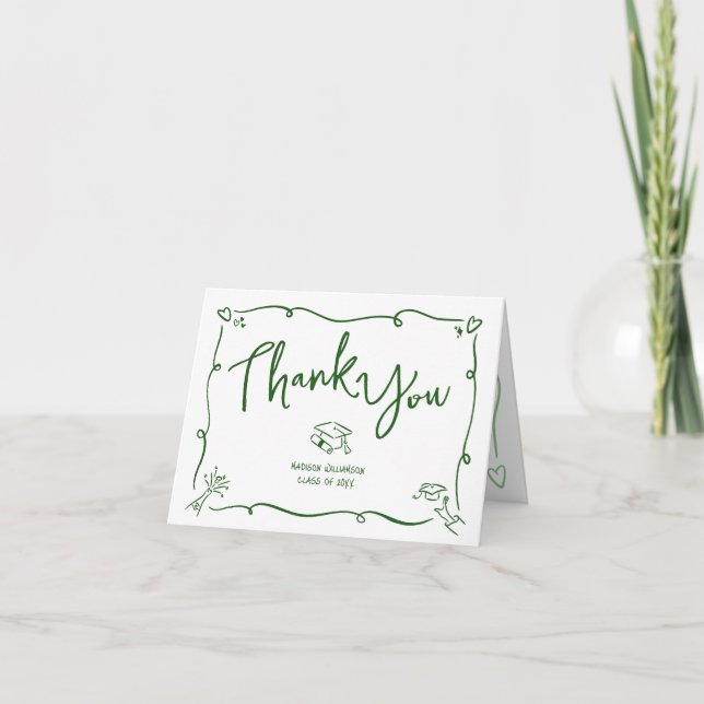 Green Hand Drawn Doodle Style Graduation White Fun Thank You Card (Front)