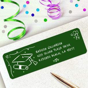 Green Hand Drawn Doodles Style Grad Cap Address Return Address Label