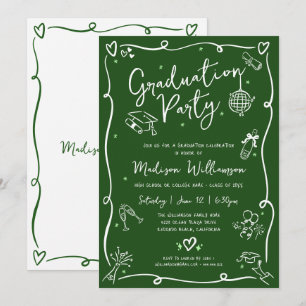 Green Hand Drawn Doodles Style Graduation Party Invitation