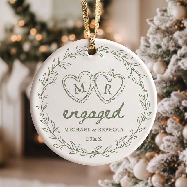 Green Hand Drawn Engaged Christmas Ceramic Ornament (Creator Uploaded)