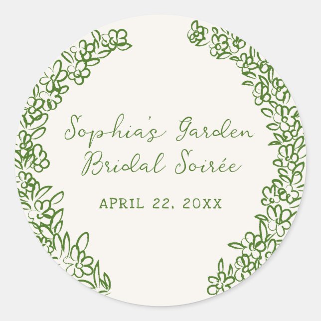Green Hand Drawn Floral Border Classic Round Sticker (Front)