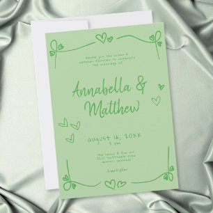 Green Hand Drawn Heart Whimsical Modern Wedding Invitation