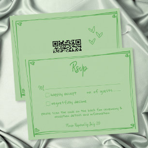 Green Hand Drawn Heart Whimsical Modern Wedding QR RSVP Card