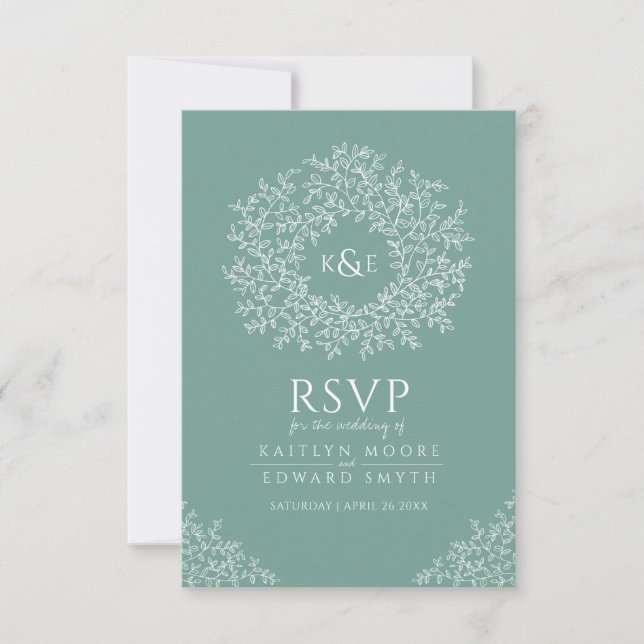 Green hand drawn leaf monogram RSVP wedding Card (Front)