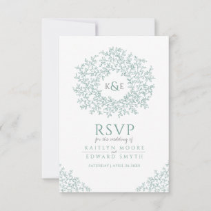 Green hand drawn leaf monogram RSVP wedding Card