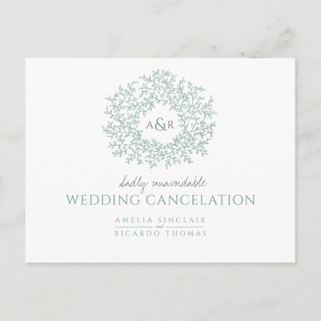 Green hand drawn leaf monogram wedding cancellatio announcement postcard (Front)