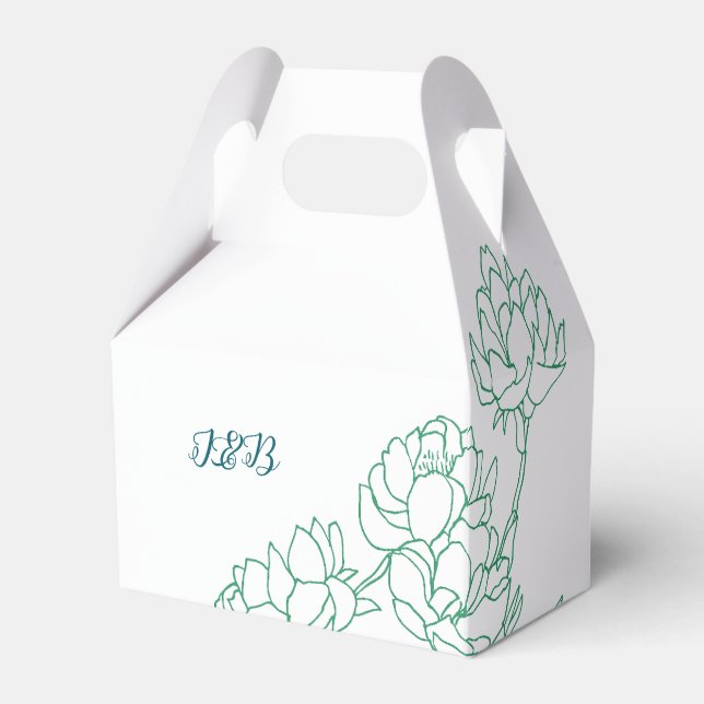 Green Hand Drawn Peony Flowers Wedding Favour Box (Front Side)