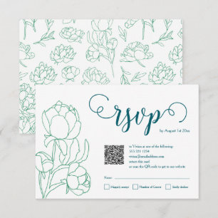 Green Hand Drawn Peony Flowers Wedding RSVP Card