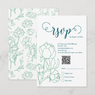 Green Hand Drawn Peony Flowers Wedding RSVP Card