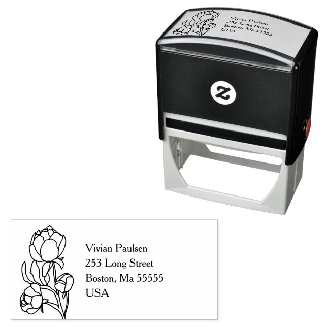 Green Hand Drawn Peony Flowers Wedding Self-inking Stamp (In Situ)