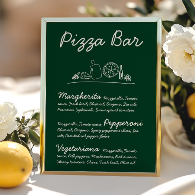 Green Hand-Drawn Pizza Bar Wedding Tabletop Sign Invitation (Green Hand-Drawn Pizza Bar Wedding Tabletop Sign )