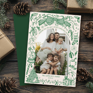 Green Hand Drawn Scribble Bow Arch Photo Christmas Holiday Card