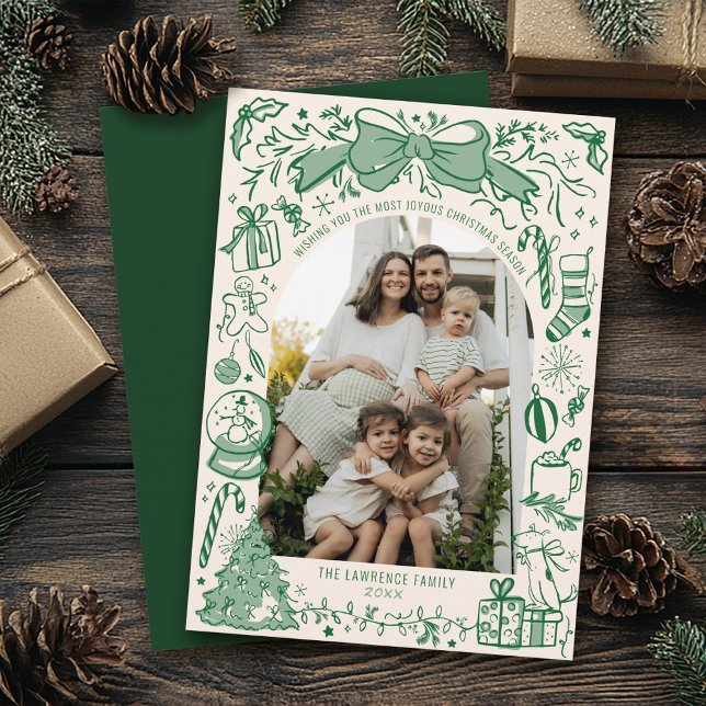 Green Hand Drawn Scribble Bow Arch Photo Christmas Holiday Card (Hand drawn Christmas bow tree green ivory scribbles doodles simple whimsical arch photo holiday card)