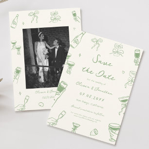 Green Hand Drawn Wedding Save the Date Photo Invitation