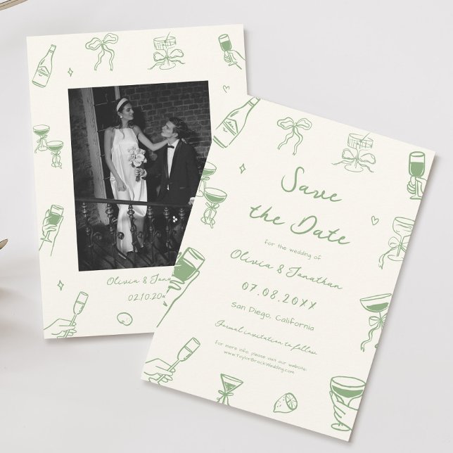 Green Hand Drawn Wedding Save the Date Photo Invitation (Creator Uploaded)