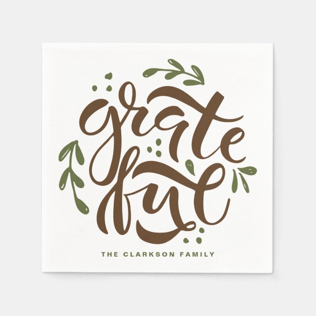Green Hand Lettered Grateful Thanksgiving Napkin (Front)