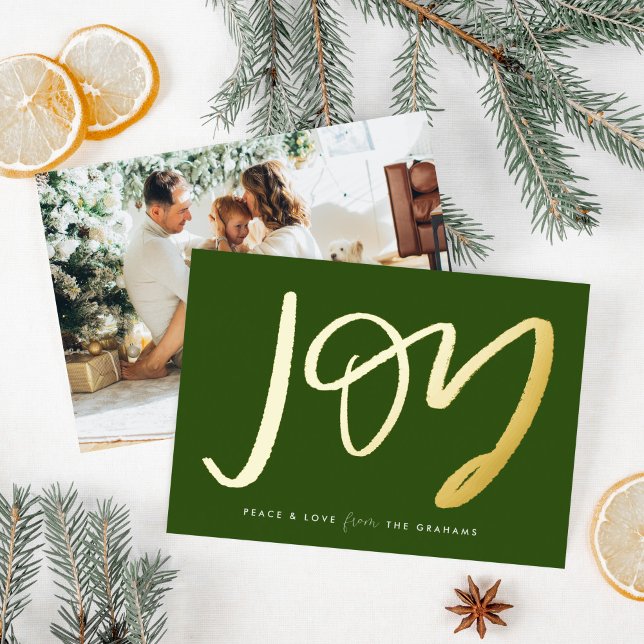 Green Hand-Lettered Joy Photo Gold Foil Holiday Card (Hand-Lettered Joy gold foiled on a festive green holiday card with your photo on the back.)
