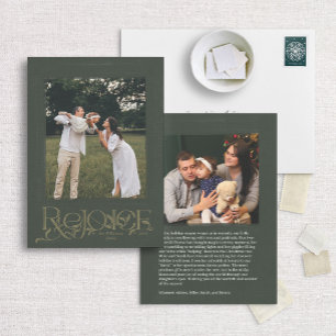 Green Hand Lettered "Rejoice" Holiday Photo Card