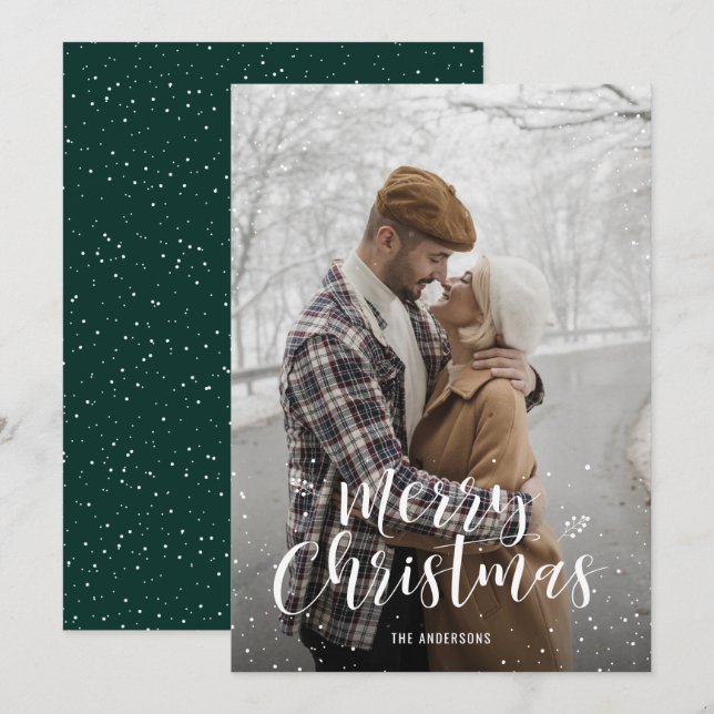 Green Hand Lettered Snow Photo Christmas Cards (Front/Back)