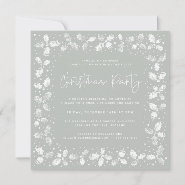 Green Hand Printed Holly+Berries Christmas Party Invitation (Front)