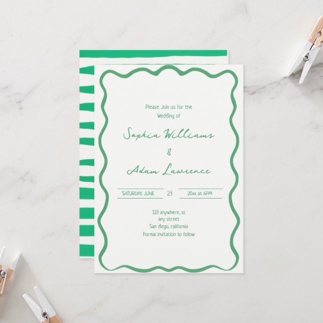 Green Hand Written Pinstripes Whimsical Wedding Invitation (Front/Back In Situ)