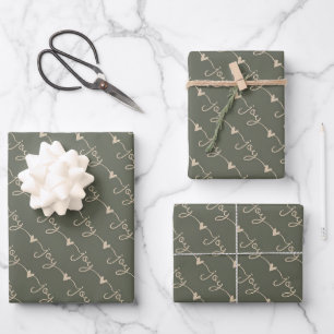 Green Handwritten Joy  Hearts Christmas Wrapping Paper Sheet