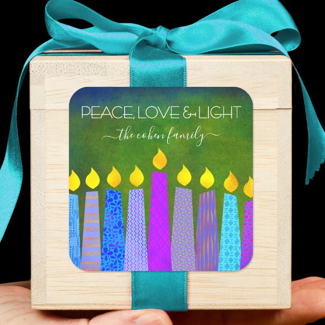 Green Hanukkah Blue Boho Candles Peace Love Light Square Sticker (Creator Uploaded)