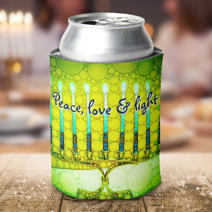 Green Hanukkah Menorah Peace Love Light Modern Can Cooler