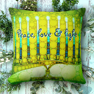 Green Hanukkah Menorah Peace Love Light Script Cushion