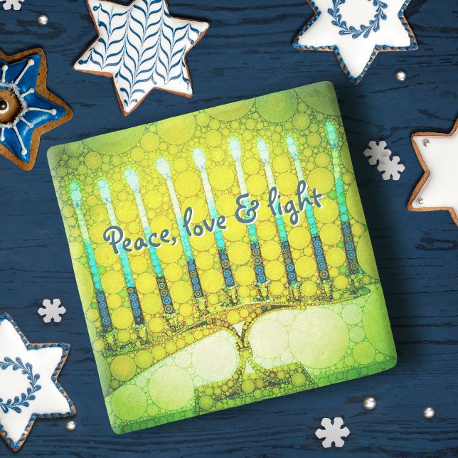Green Hanukkah Menorah Peace Love Light Script Stone Coaster (Creator Uploaded)