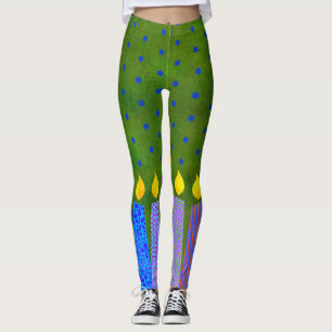 Green Hanukkah Pattern Candles Blue Star of David Leggings
