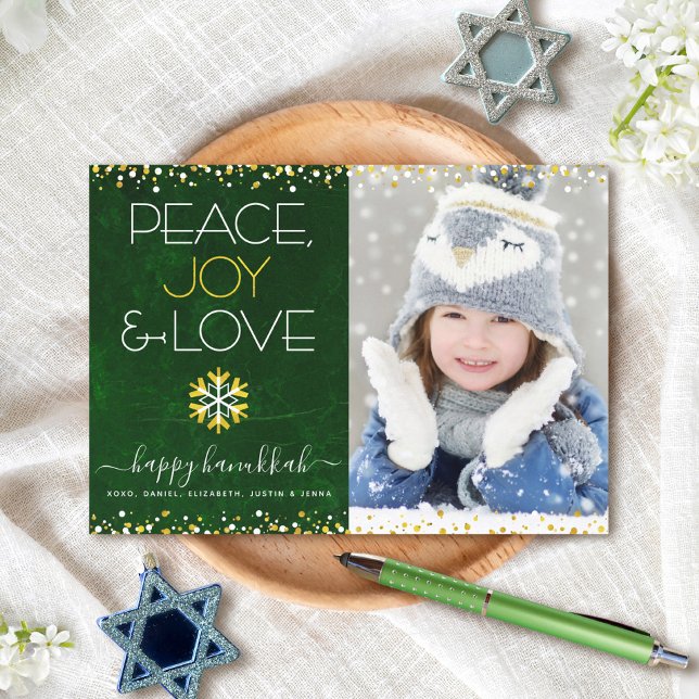 Green Hanukkah Peace Joy Love Snowflake Photo Bold Holiday Card (Creator Uploaded)