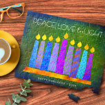 Green Hanukkah Peace Love Light Bold Boho Candles Jigsaw Puzzle<br><div class="desc">“Peace, love & light.” A playful, modern, artsy illustration of boho pattern candles in a menorah helps you usher in the holiday of Hanukkah. Assorted blue candles with colourful faux foil patterns overlay a rich, deep green textured background. Feel the warmth and joy of the holiday season whenever you use...</div>