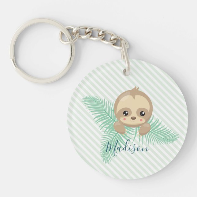 Green Happy Baby Sloth Baby Shower Key Ring (Front)