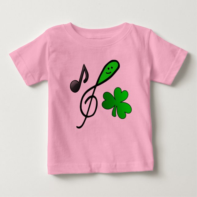 Green Happy Face Treble Clef Music Note & Shamrock Baby T-Shirt (Front)