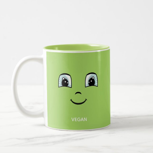 Green Happy Face with Vegan Text & Monogram Two-Tone Coffee Mug (Left)